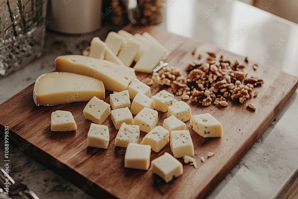 Fototapeta premium Gourmet cheese board with assorted cheeses and walnuts, perfect for sharing