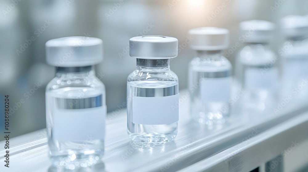 Vaccine Production Line in High-Tech Factory - Transparent Bottles on Clean Conveyor with Bright Lighting Showcasing Labels and Metallic Surfaces Vaccine Production Line in High-Tech Factory - Transparent Bottles on Clean Conveyor with Bright Lighting Showcasing Labels and Metallic Surfaces