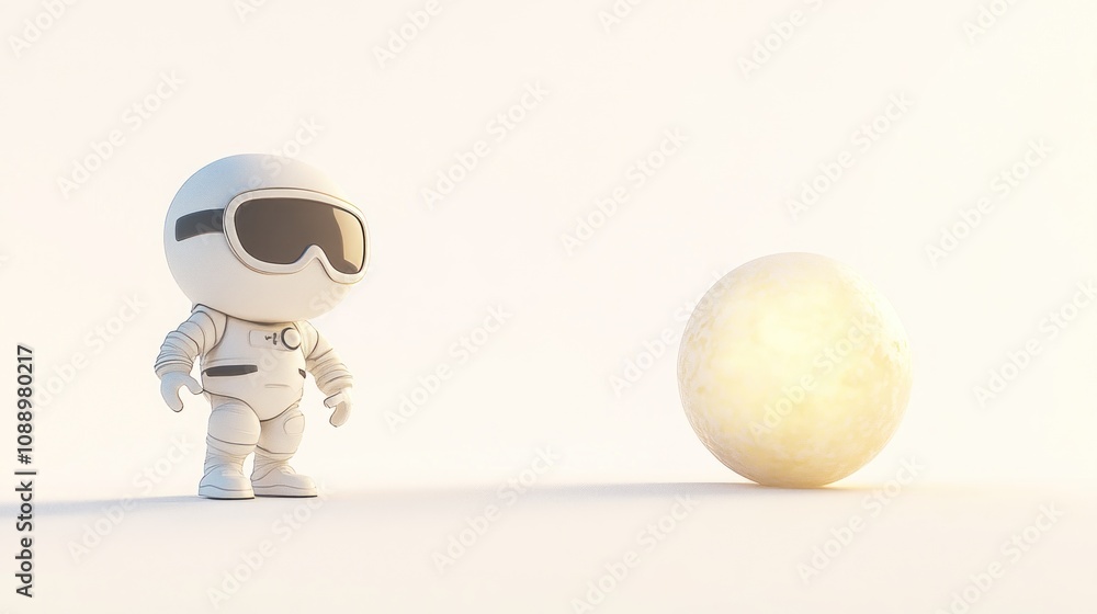 A cartoon astronaut stands beside a glowing orb in a minimalist setting. A cartoon astronaut stands beside a glowing orb in a minimalist setting.