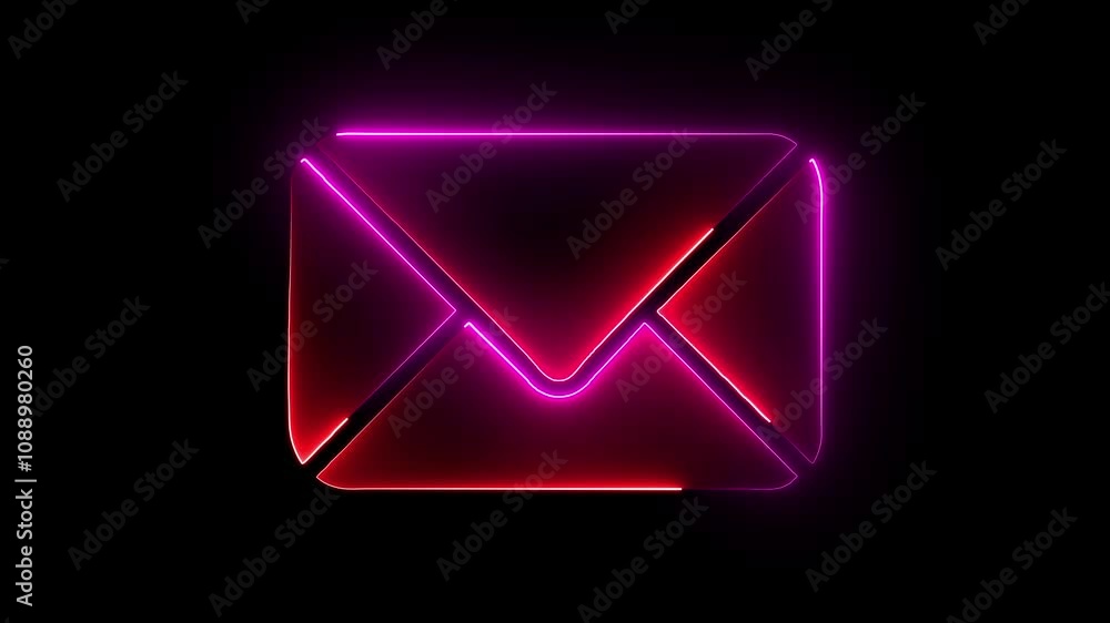 Glowing neon pink color message box animation icon conversation notice receive massage animated sign symbol on black background. Glowing neon pink color message box animation icon conversation notice receive massage animated sign symbol on black background.