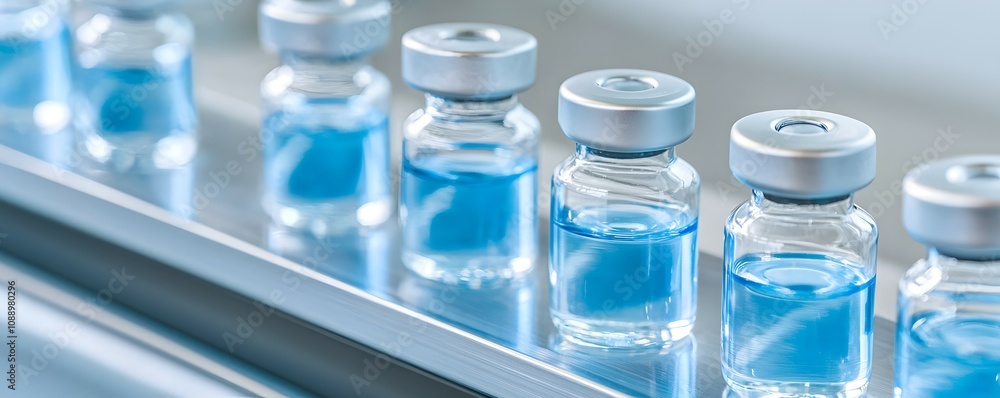 High-Tech Production Line in Sterile Factory - Intense Lighting Highlights Precision Bottles on Conveyor Belt with Clean Reflections High-Tech Production Line in Sterile Factory - Intense Lighting Highlights Precision Bottles on Conveyor Belt with Clean Reflections