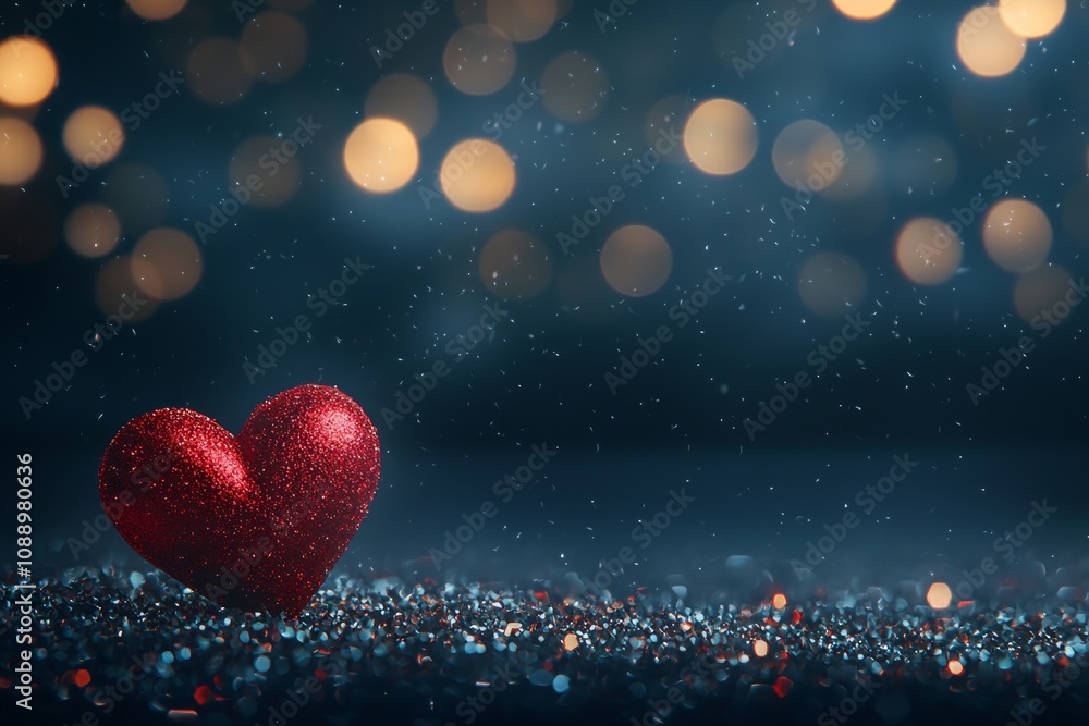 One red heart on a glittering background with bokeh lights, a romantic Valentine's Day background, a love concept. 
