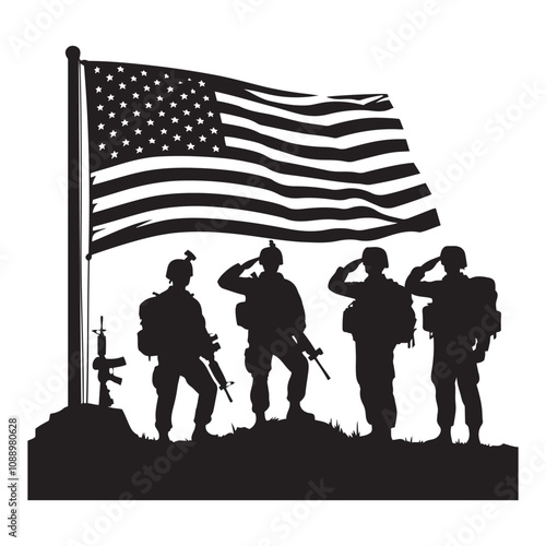 Soldier saluting the flag silhouette vector art black color design and solid white background 