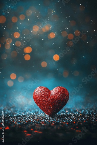 One red heart on a glittering background with bokeh lights, a romantic Valentine's Day background, a love concept. 