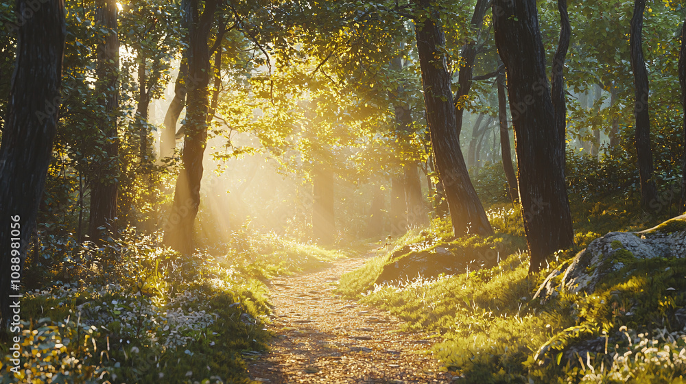 Obraz premium serene forest trail illuminated by golden sunlight, surrounded by lush greenery and vibrant flora, creating peaceful atmosphere