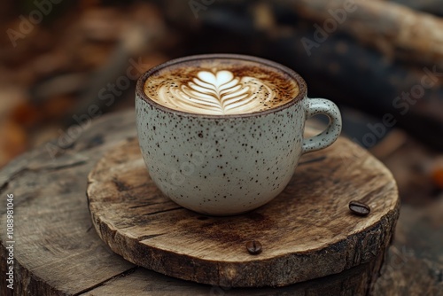 This is a flat lay with a black hot coffee mug on a wood table background. Coffee love minimal trendy concept. Top view backdorp with copy space. photo