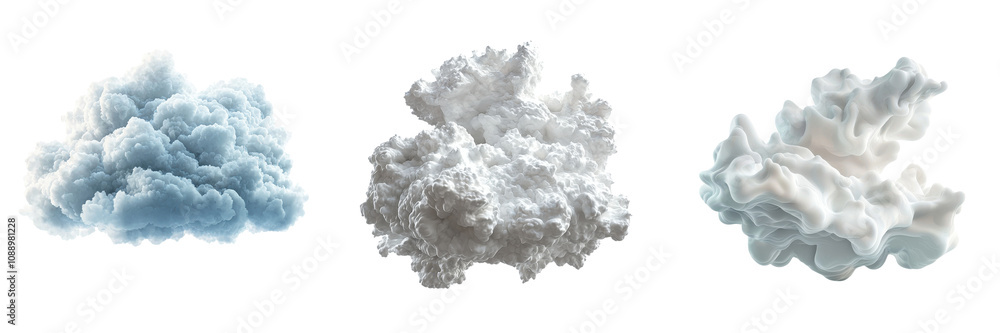 Three fluffy cloud formations, varying in size and color, showcasing soft textures and layered appearances. Three fluffy cloud formations, varying in size and color, showcasing soft textures and layered appearances.