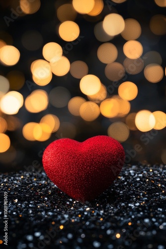 One red heart on a glittering background with bokeh lights, a romantic Valentine's Day background, a love concept. 