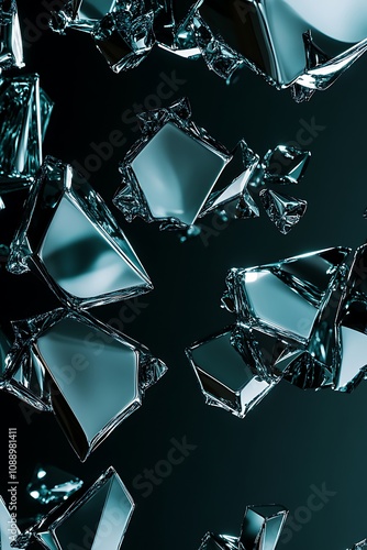 Abstract glass shards creating a dynamic composition with reflections and transparency against a dark background, evoking a sense of depth and modern artistry.