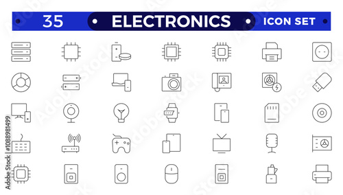 Electronics outline icons. Vector illustration include icon - hardware, keyboard, disk, hvac, kitchen appliances, headphones, router, chip, computer outline pictogram for home devices.