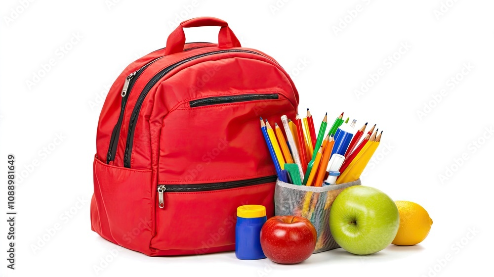 A classic school backpack filled with essential supplies, set against a white background for a minimalist and clean look. A classic school backpack filled with essential supplies, set against a white background for a minimalist and clean look.