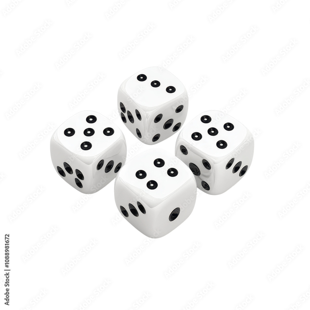 Four white dice showing various numbers on their faces are arranged together. Four white dice showing various numbers on their faces are arranged together.