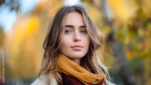 portrait of a beautiful woman in the park in autumn with a white accent, photo, png