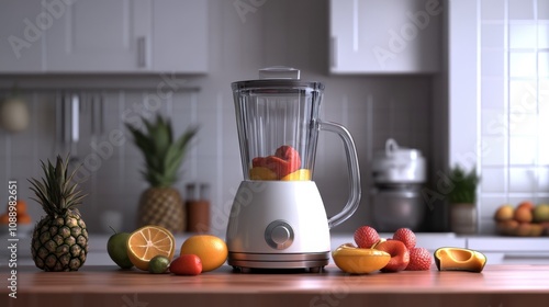 Modern Kitchen Scene with Blender and Fresh Fruits Ready for Healthy Smoothie Preparation in a Bright and Inviting Environment