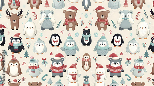 Adorable cartoon animal vector characters set: cat, rabbit, dog, bear, pig, and baby for fun, seamless patterns, stickers, and children's illustrations christmas theme