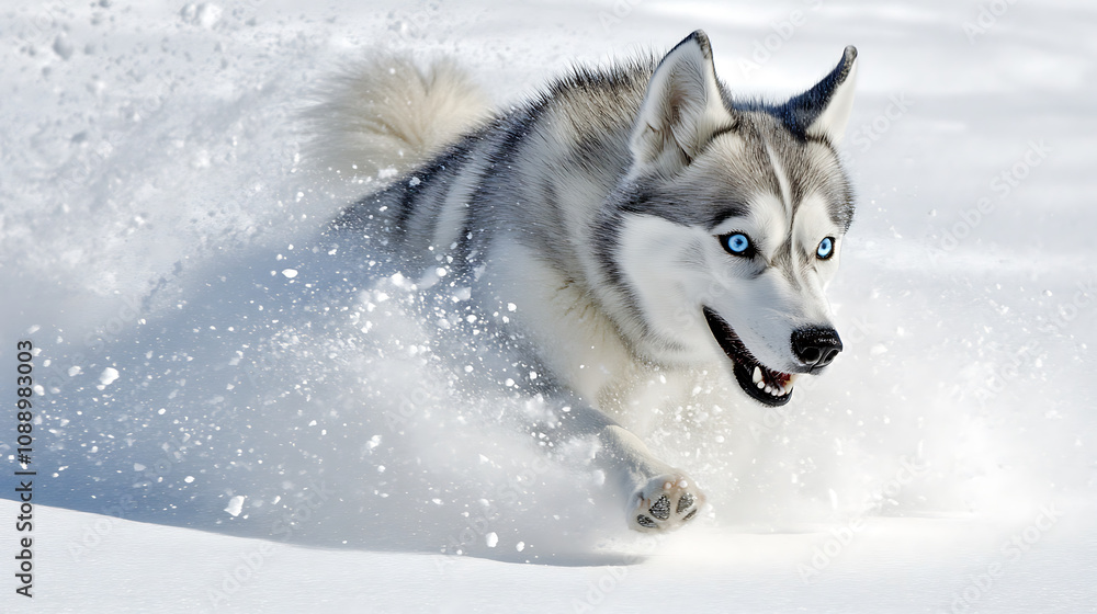 Joyful Siberian husky with bright blue eyes running through snow Joyful Siberian husky with bright blue eyes running through snow