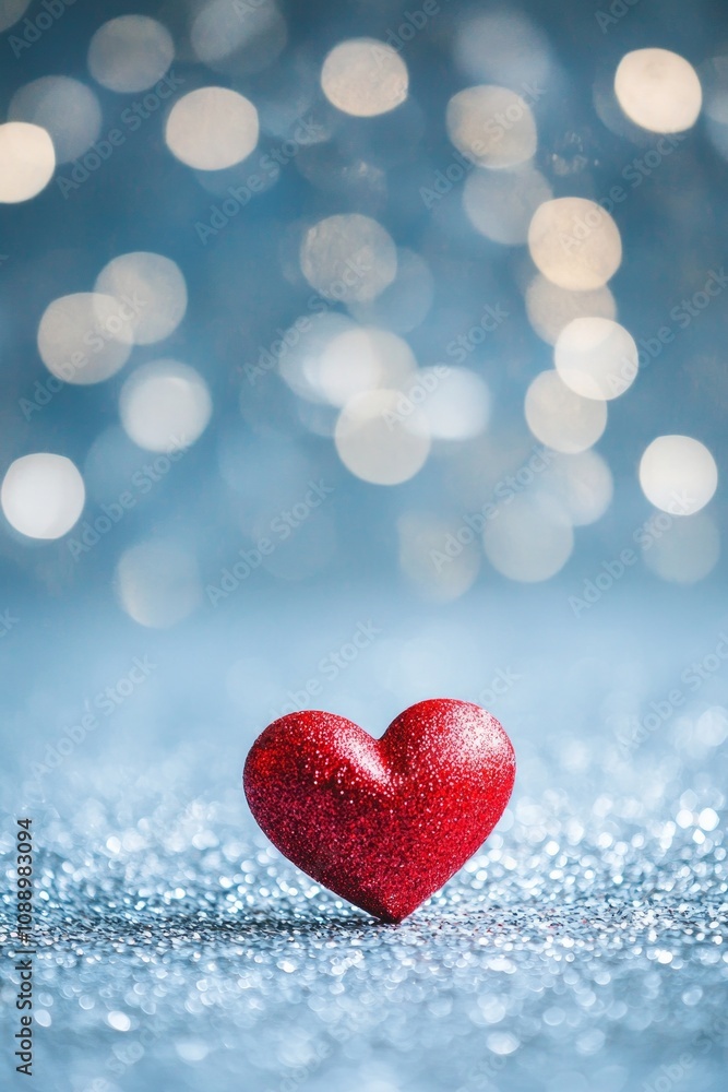One red heart on a glittering background with bokeh lights, a romantic Valentine's Day background, a love concept. One red heart on a glittering background with bokeh lights, a romantic Valentine's Day background, a love concept.