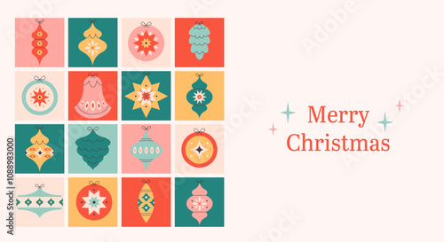 Merry Christmas background with Christmas tree toys collection. Colorful bright Christmas balls. Winter holiday background for congratulations. Vector illustration in flat style