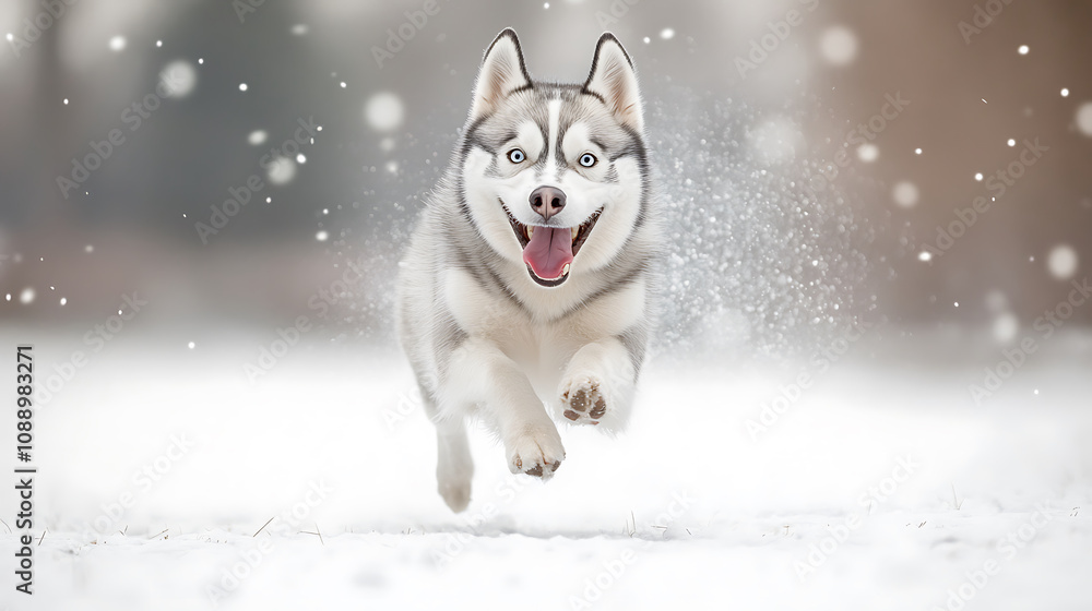 playful Siberian husky dashing with excitement in snow playful Siberian husky dashing with excitement in snow