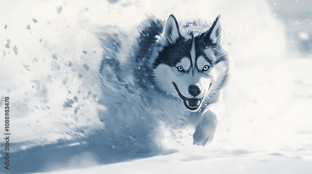 close up of Siberian husky sprinting through snow, showcasing its energy and joy close up of Siberian husky sprinting through snow, showcasing its energy and joy