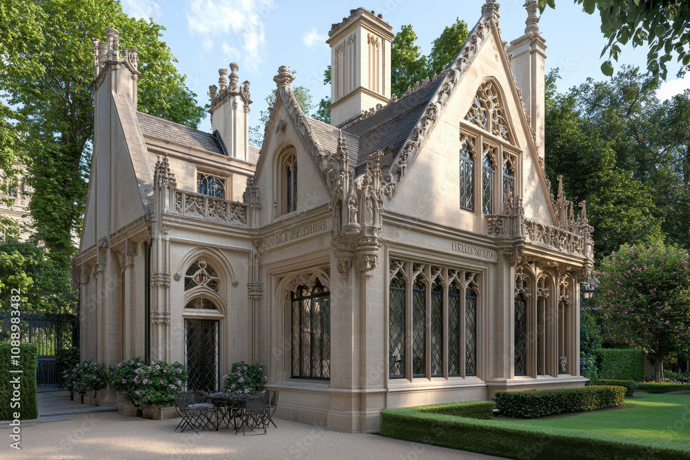 Obraz premium House. A stunning Gothic-style mansion surrounded by lush greenery, featuring intricate architectural details and elegant windows.