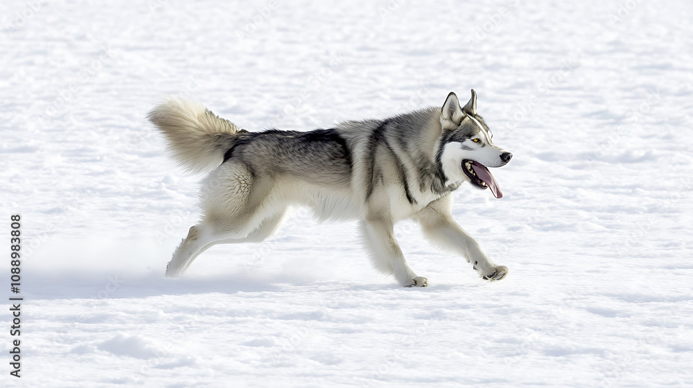 Naklejka premium Energetic Siberian husky running playfully across snowy landscape