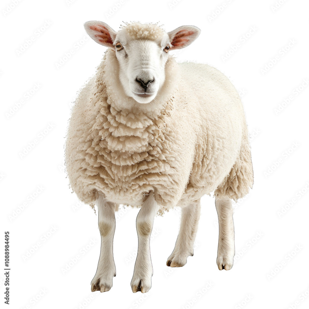 Sheep standing on green pasture with fluffy wool and calm expression isolated on transparent background cutout png Sheep standing on green pasture with fluffy wool and calm expression isolated on transparent background cutout png