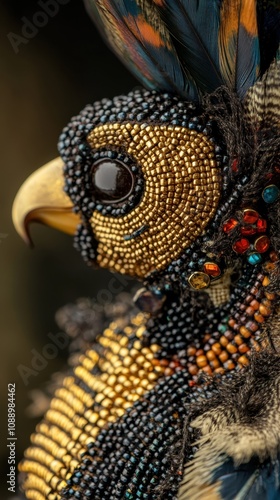 Ornate ceremonial fan with vibrant feathers and detailed beadwork used in rituals photo