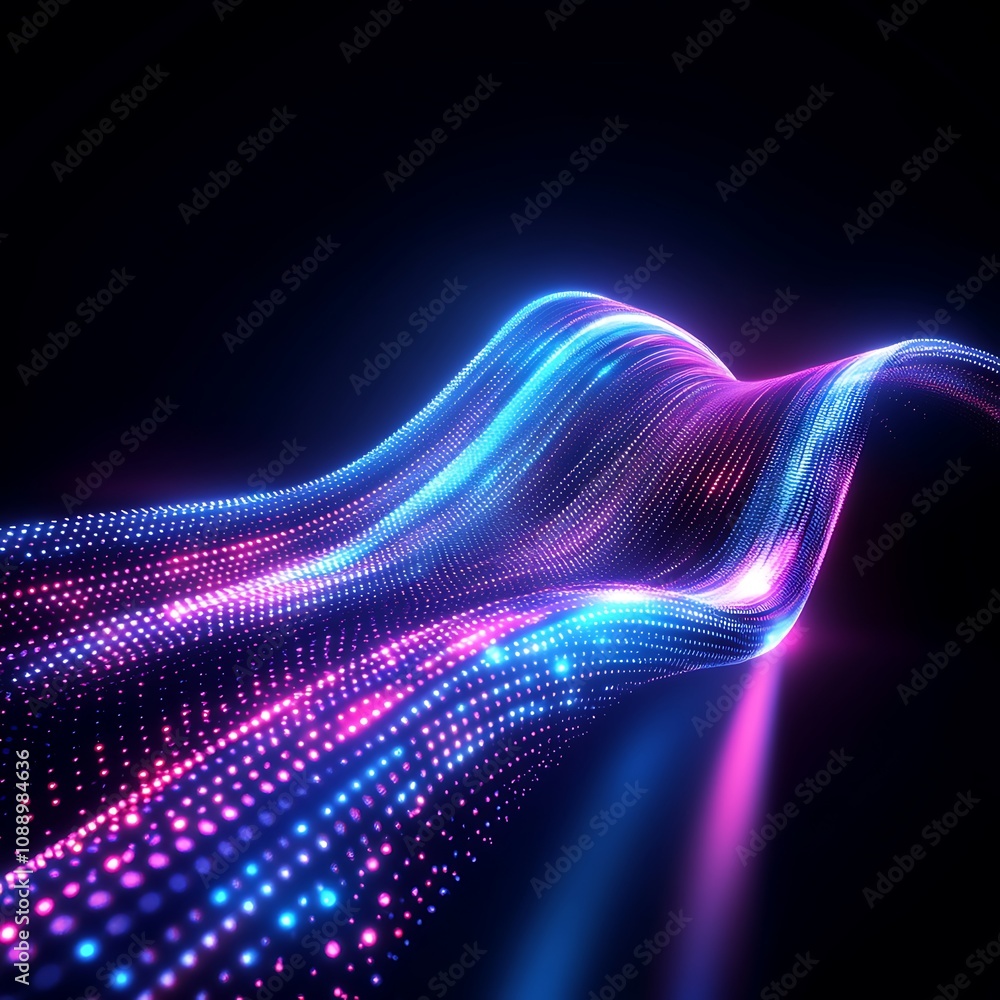 Abstract Light Waves in Vibrant Colors of Pink and Blue with Glowing Particles Flowing in a Fluid Motion Across a Dark Background Abstract Light Waves in Vibrant Colors of Pink and Blue with Glowing Particles Flowing in a Fluid Motion Across a Dark Background