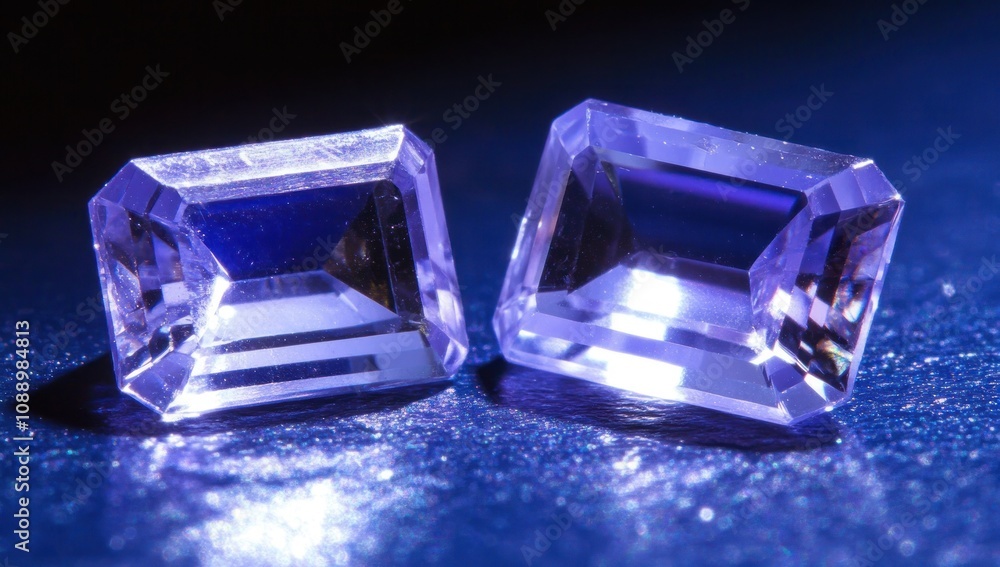 Two rectangular purple gemstones reflecting light on a surface. Two rectangular purple gemstones reflecting light on a surface.