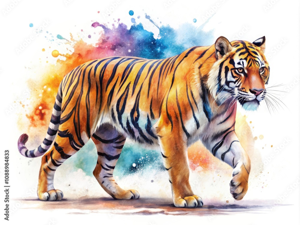 Obraz premium Watercolor Profile of a Majestic Tiger on White Background - Artistic Wildlife Illustration