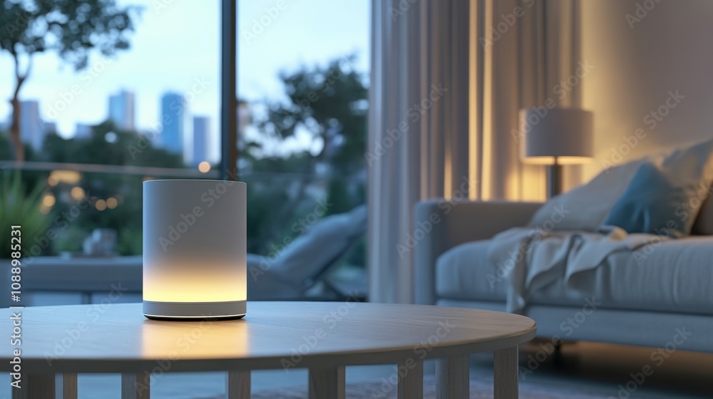 Modern Living Room with Stylish Lamp and Cozy Sofa Overlooking City Skyline at Dusk, Featuring Soft Lighting and Contemporary Décor Elements for a Relaxing Atmosphere Modern Living Room with Stylish Lamp and Cozy Sofa Overlooking City Skyline at Dusk, Featuring Soft Lighting and Contemporary Décor Elements for a Relaxing Atmosphere