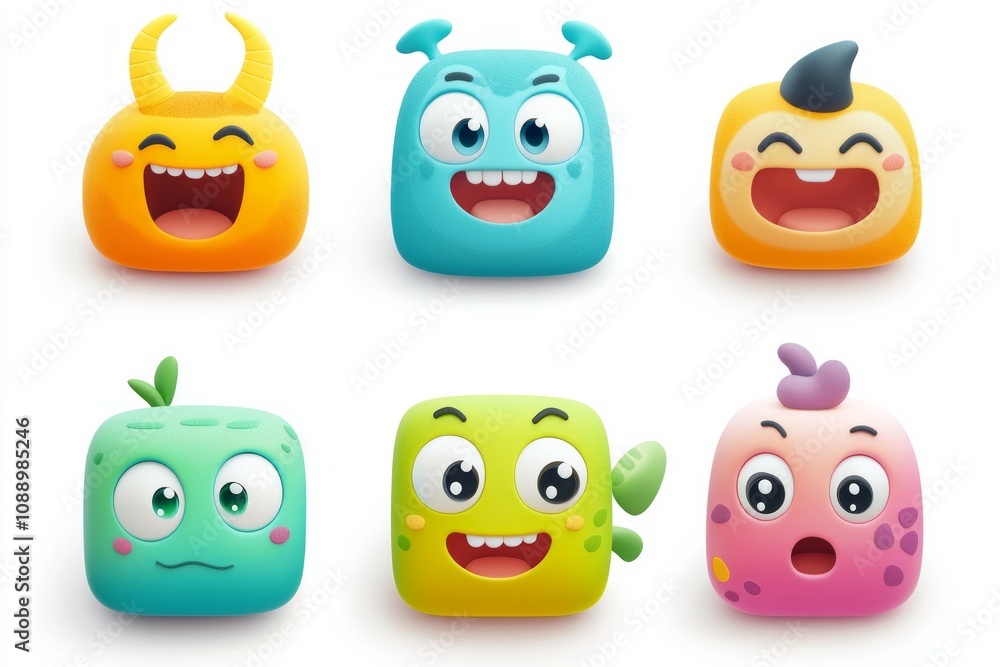 Set of cute, colorful character icons, with friendly and inviting expressions Set of cute, colorful character icons, with friendly and inviting expressions