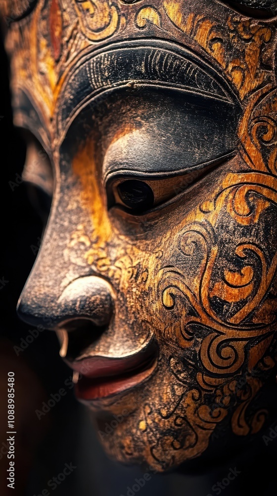 Fototapeta premium Detailed craftsmanship of a Balinese wooden mask highlights its unique etching and rich paintwork