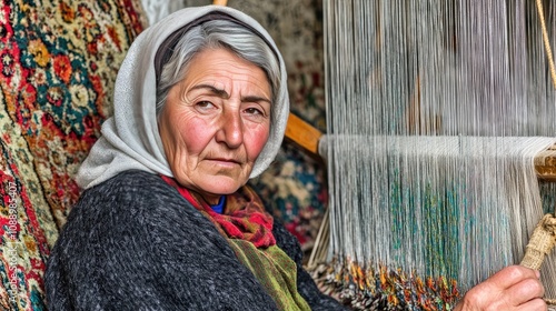 A dedicated woman sits at a traditional weaving loom, her hands skillfully crafting a vibrant carpet, surrounded by colorful threads, with copy space. photo