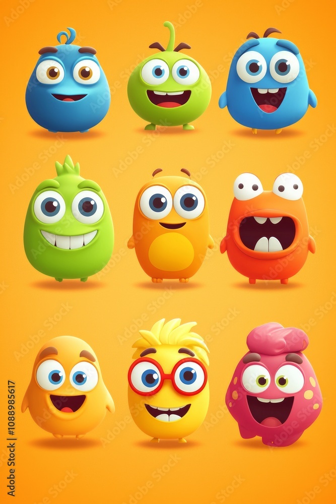 Set of cute, colorful character icons, with friendly and inviting expressions Set of cute, colorful character icons, with friendly and inviting expressions