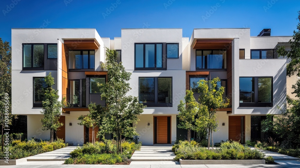 A row of white houses with brown trim. The houses are all the same size and have a similar design A row of white houses with brown trim. The houses are all the same size and have a similar design