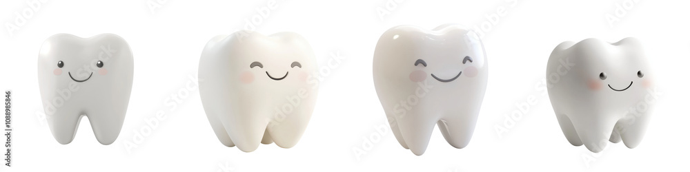 Four cartoon-style teeth with smiling faces, showcasing a playful and friendly appearance. Four cartoon-style teeth with smiling faces, showcasing a playful and friendly appearance.