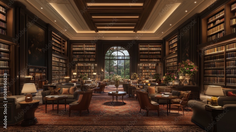 Obraz premium Elegant Interior of a Luxurious Library with Classic Decor, Warm Lighting, and Inviting Reading Spaces Surrounded by Floor-to-Ceiling Bookshelves and Cozy Furniture