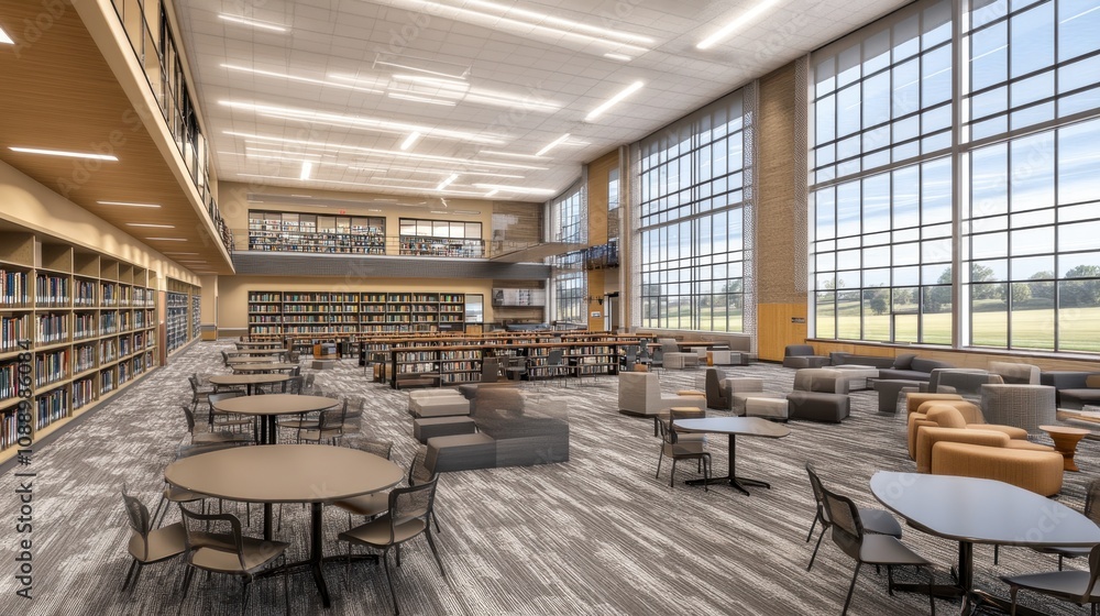 Modern Library Interior with Spacious Design, Abundant Natural Light, Comfortable Seating Areas, and Shelves of Books for a Cozy Reading Experience Modern Library Interior with Spacious Design, Abundant Natural Light, Comfortable Seating Areas, and Shelves of Books for a Cozy Reading Experience