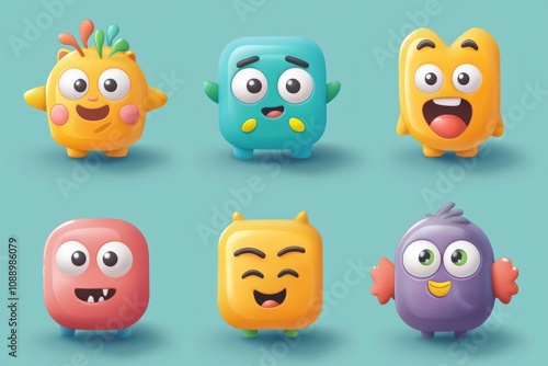 Set of cute, colorful character icons, with friendly and inviting expressions