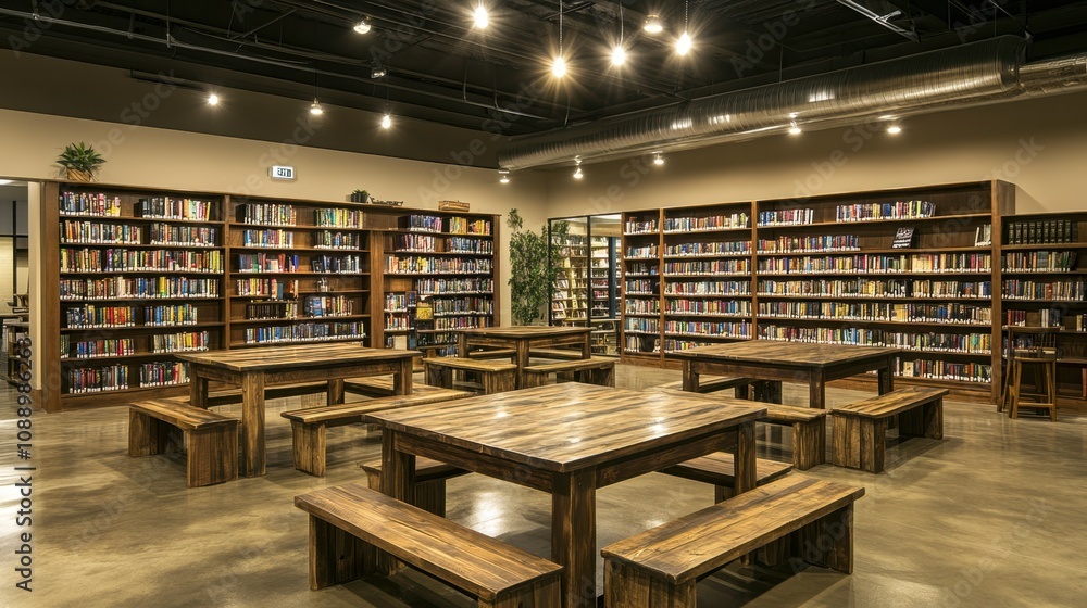 Cozy and Inviting Library Interior Featuring Wooden Tables, Benches, and Abundant Bookshelves Filled with Diverse Literature in a Modern Space Cozy and Inviting Library Interior Featuring Wooden Tables, Benches, and Abundant Bookshelves Filled with Diverse Literature in a Modern Space