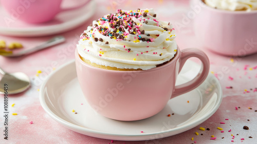 "Stock photo of a microwaved mugcake, a homemade cupcake served in a mug, placed on a plate. The image highlights the simplicity and comfort of a quick, single-serve dessert, ideal for cozy baking