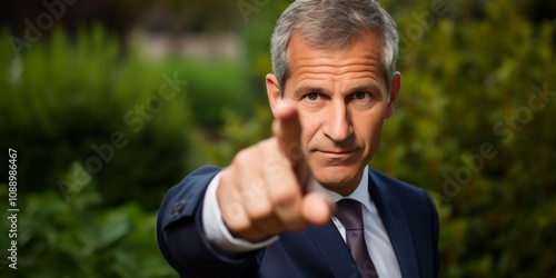 Close up of businessman hand pointing for direction, against the backdrop of bushes. Generative AI.