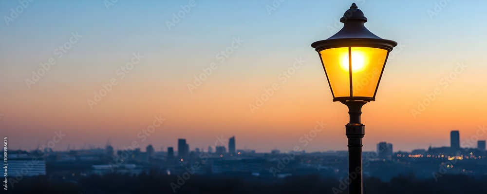Elegant Cityscape Silhouette at Dusk - Captivating Streetlight Against a Deepening Evening Sky with Building Edge in Background Elegant Cityscape Silhouette at Dusk - Captivating Streetlight Against a Deepening Evening Sky with Building Edge in Background