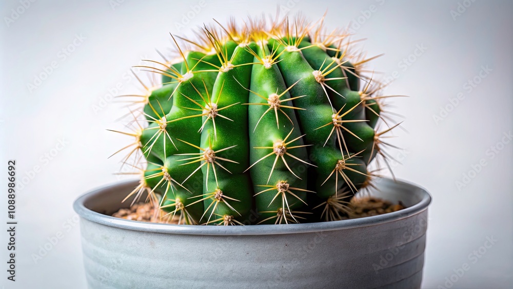 Macro Closeup of a Perfect Cactus Plant in Gray Ceramic Pot on White Background - High Depth of Field, Botanical Beauty, Indoor Decor, Minimalist Style, Nature Elements, Home Aesthetics Macro Closeup of a Perfect Cactus Plant in Gray Ceramic Pot on White Background - High Depth of Field, Botanical Beauty, Indoor Decor, Minimalist Style, Nature Elements, Home Aesthetics
