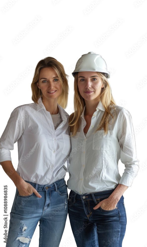 Two women in casual attire posing together wearing white shirts and one with a construction helmet isolated on transparent background cutout png Two women in casual attire posing together wearing white shirts and one with a construction helmet isolated on transparent background cutout png