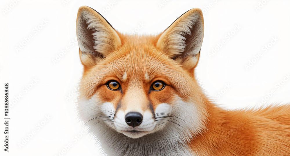Fototapeta premium A close-up portrait of a fox with bright orange fur and expressive yellow eyes, set against a plain white background, showcasing intricate details for wildlife.