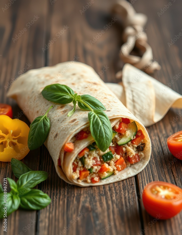 Delicious vegetarian wrap filled with quinoa, vegetables, and fresh basil rests on a rustic wooden table Delicious vegetarian wrap filled with quinoa, vegetables, and fresh basil rests on a rustic wooden table