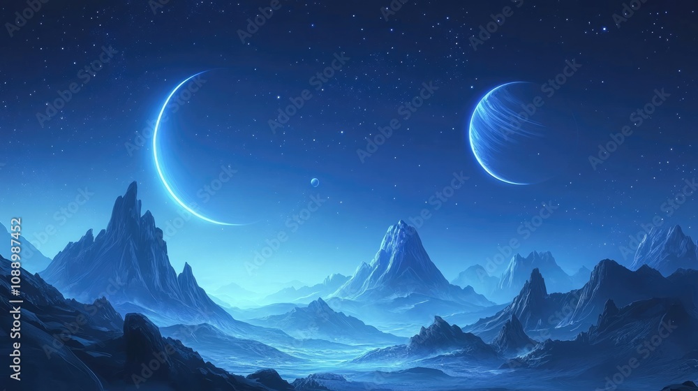 In a fantasy alien world, majestic mountains rise against a deep starry sky with a huge moon. In a fantasy alien world, majestic mountains rise against a deep starry sky with a huge moon.